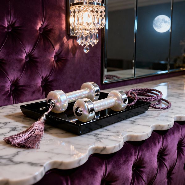 A close-up of a vintage-glam home gym vignette shows a scalloped white marble countertop above tufted plum velvet upholstery. On a glossy black tray rest two iridescent pearl dumbbells with polished chrome ends beside a mauve tasselled cord and a braided lavender jump rope, while a crystal wall sconce sparkles next to a chrome-framed mirror reflecting a bright moon, creating a moody, luxurious scene.