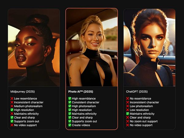 The image presents a comparison of three AI-generated photo outputs from different models: Midjourney, Photo AI™, and ChatGPT.