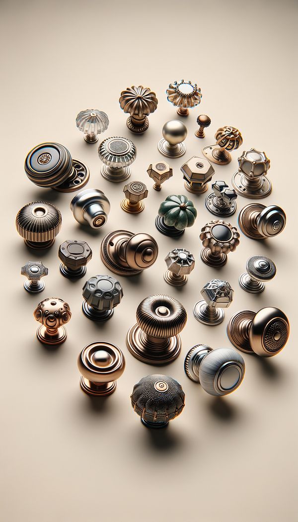 A collection of variously styled knobs made from different materials such as glass, metal, and wood, displayed on a neutral background.