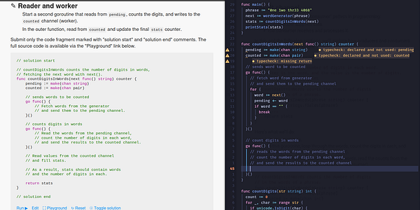 The image displays a code snippet related to concurrency in Go, focusing on a reader-worker pattern.