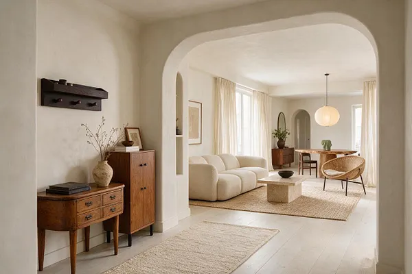 A softly lit entryway with pale walls, an arched opening, and light wood floors leading into a relaxed living area. A vintage-style wooden console, cabinet, woven chair, and stone table bring natural texture to the neutral organic modern space.