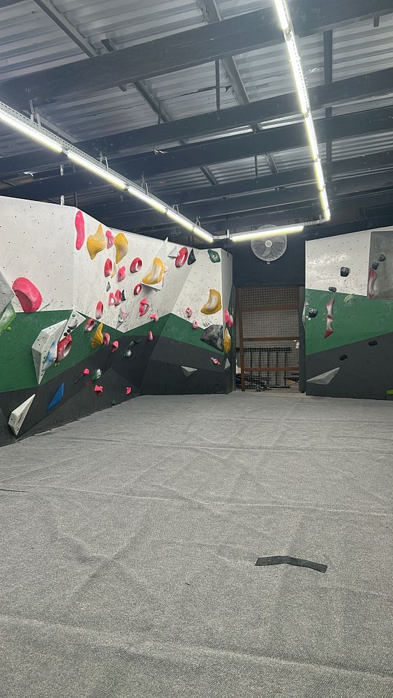 Young woman preparing to boulder indoors on a climbing wall with colorful holds.