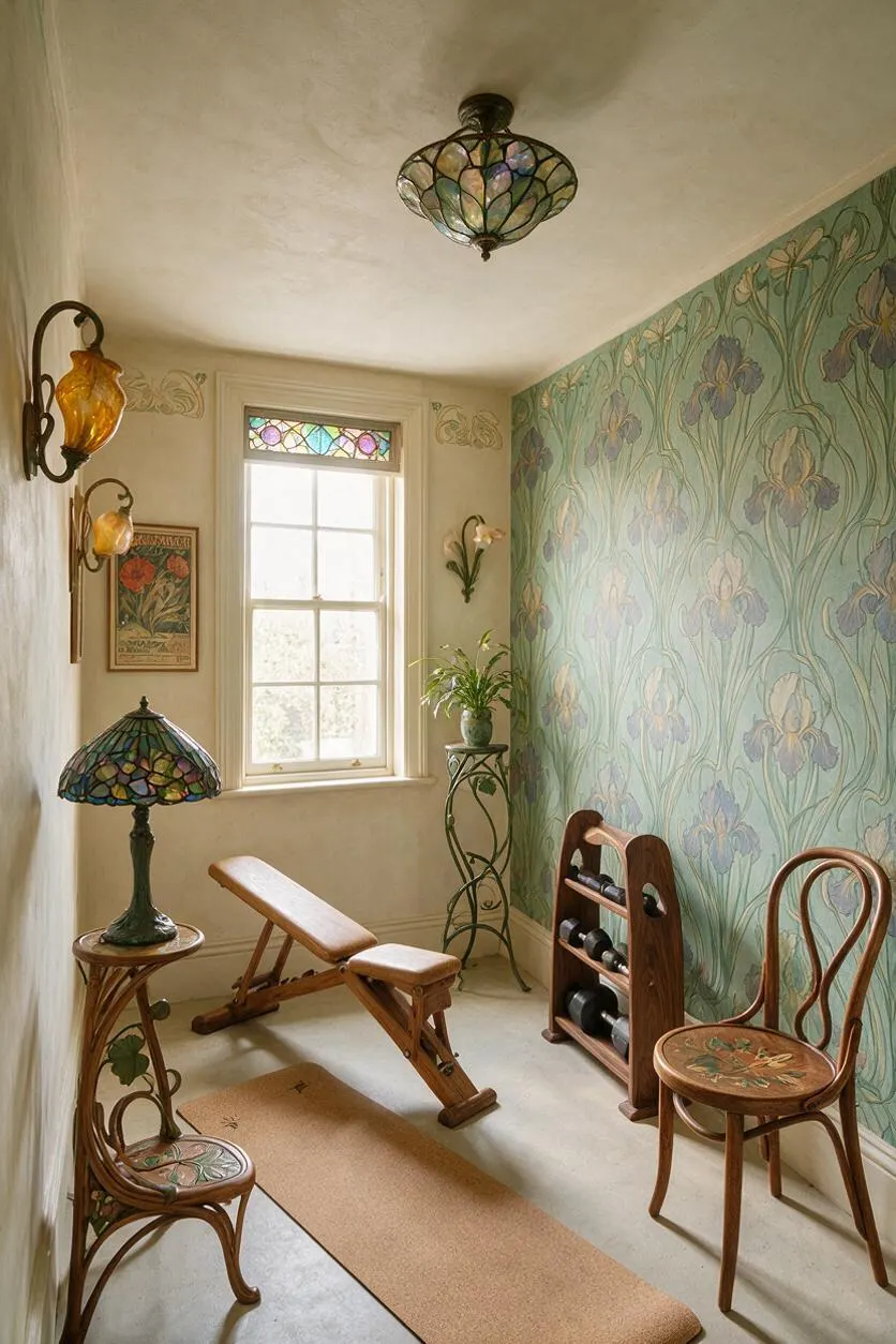 A small home gym styled in Art Nouveau design features floral wallpaper, a stained-glass ceiling light, and a bright window with decorative glass above it. Wooden exercise furniture, a yoga mat, a dumbbell rack, and curved decorative chairs and tables create an elegant, vintage-inspired workout space.