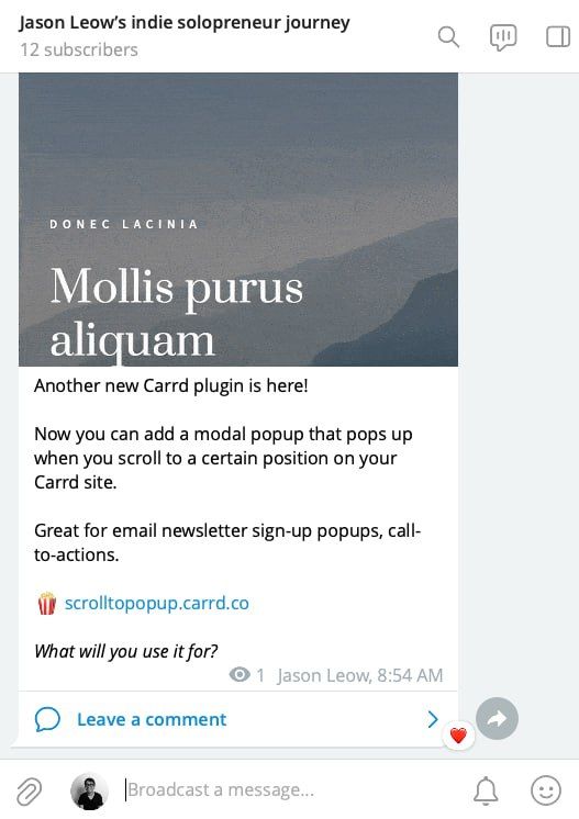 A Telegram post announcing a new Carrd plugin for scroll-to-popup functionality.