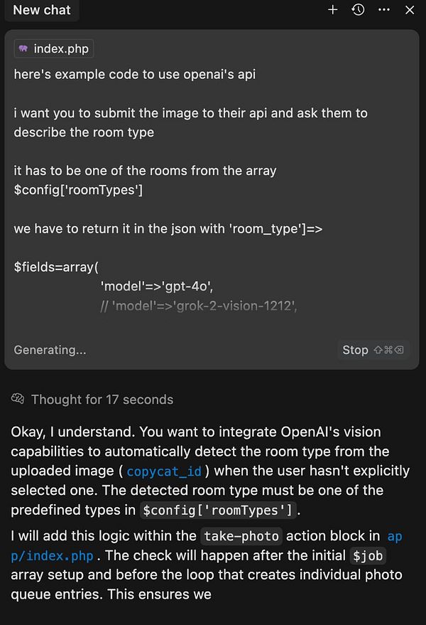 The image displays a coding interface with a chat window discussing the integration of OpenAI's API for room type detection.