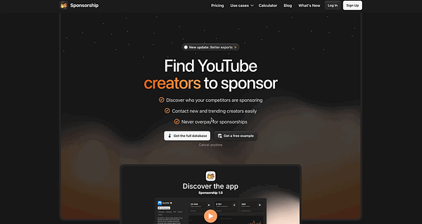 The image displays a promotional webpage for a sponsorship platform focused on connecting brands with YouTube creators.