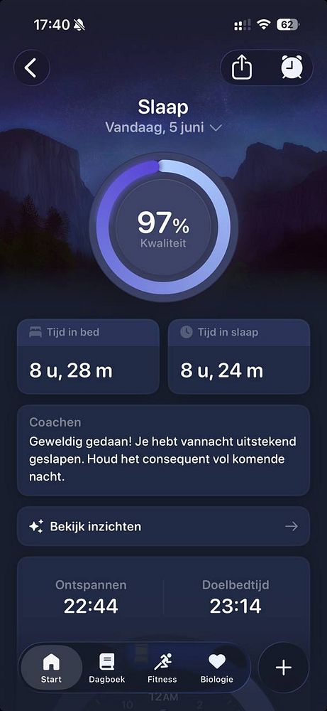 Screenshot of a sleep tracking app showing detailed sleep analysis and a high overall sleep score.