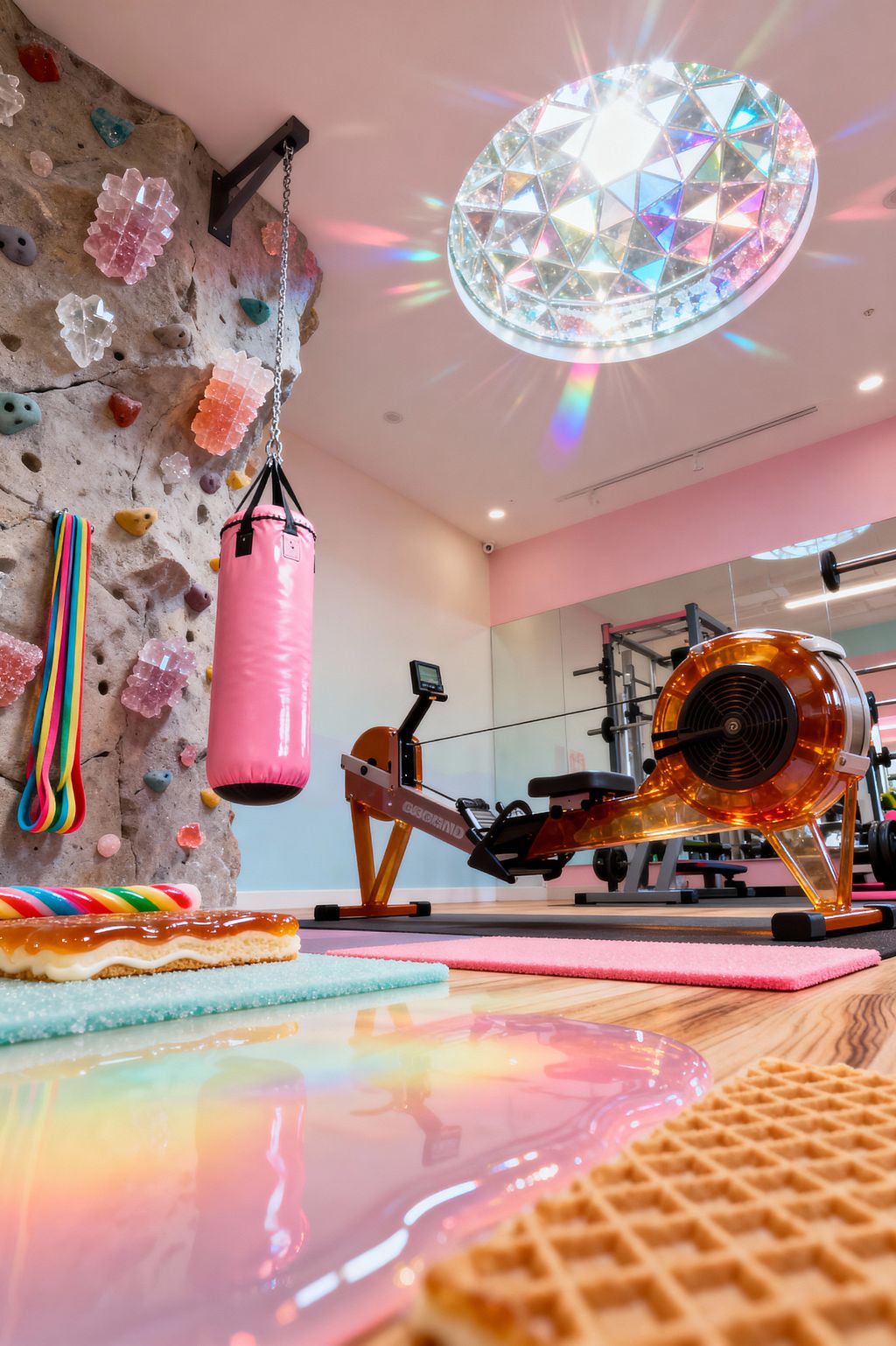 A playful home gym styled like a candy shop features a faux-stone climbing wall with pastel holds and a chain-hung pink vinyl punching bag beside an amber-tinted rowing machine facing a mirrored wall and squat rack. Pastel foam mats sit on light wood flooring, rainbow resistance bands hang near the wall, and an iridescent faceted skylight casts prism-like light, with oversized candy props accenting the foreground.