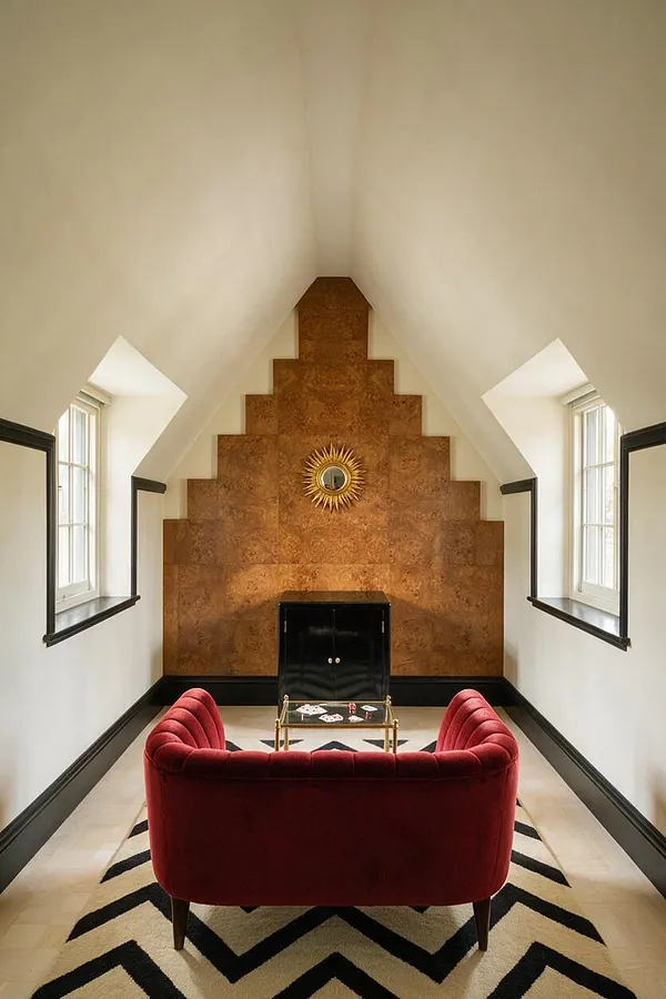 A narrow Art Deco game room with a stepped copper-toned feature wall, a small black cabinet, and a gold sunburst mirror centered above it. A deep red velvet loveseat faces a glass-topped coffee table with playing cards, set on a bold black-and-cream geometric rug, with white walls and dark trim framing small side windows.