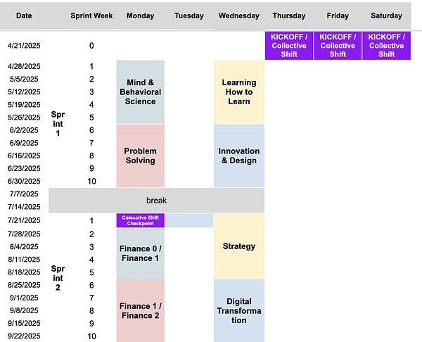 A detailed schedule outlining a series of events and activities across multiple weeks in 2025.