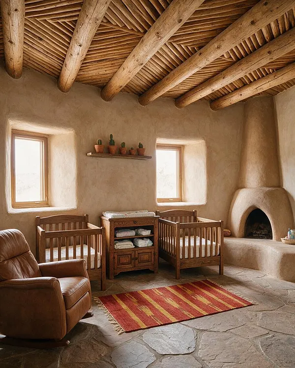A Southwestern-style nursery with two wooden cribs, a carved wood changing cabinet, and a leather rocking chair set against smooth adobe walls. Exposed log ceiling beams, a built-in fireplace, small windows, and a red striped rug create a warm rustic atmosphere.