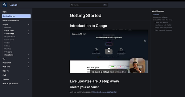 The image displays a user interface for the Capgo documentation, specifically the 'Getting Started' section.