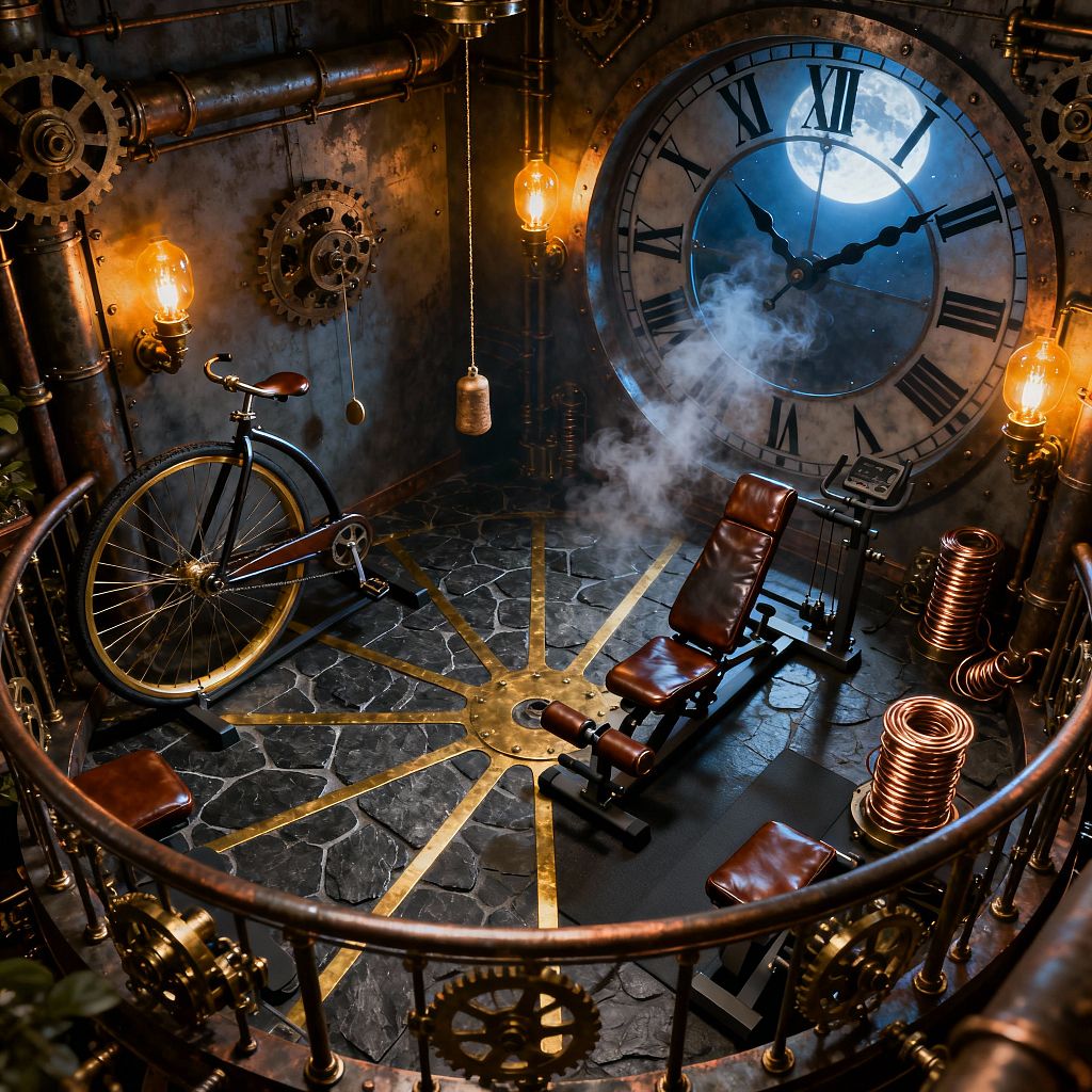 A circular steampunk home gym features a massive wall clock with Roman numerals glowing in cool moonlight, framed by patinated metal panels and exposed copper pipes. The stone floor has a radial brass inlay, while a black steel adjustable weight bench with cognac leather pads sits beside a vintage-style stationary bike. Edison bulbs, wall gears, a hanging counterweight, and coils of copper tubing surround the space, with wisps of steam enhancing the dramatic industrial atmosphere.