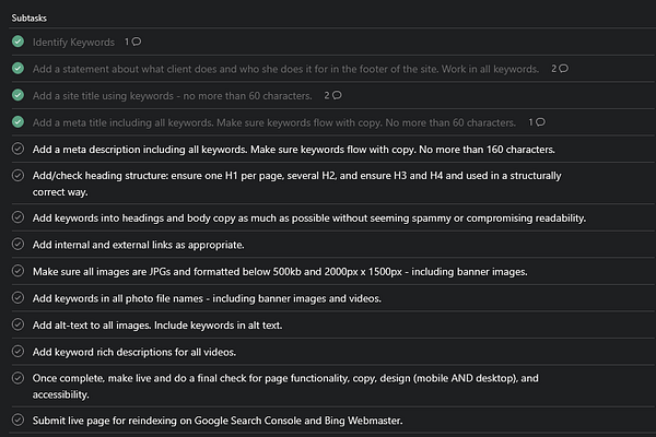 A task management interface displaying subtasks for website optimization.