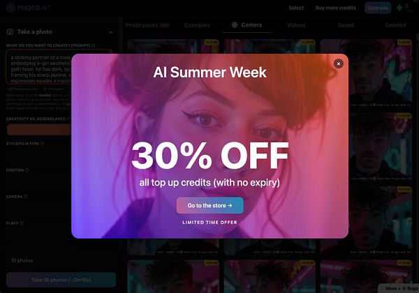 A promotional pop-up for a photo AI service offering a discount on credits.