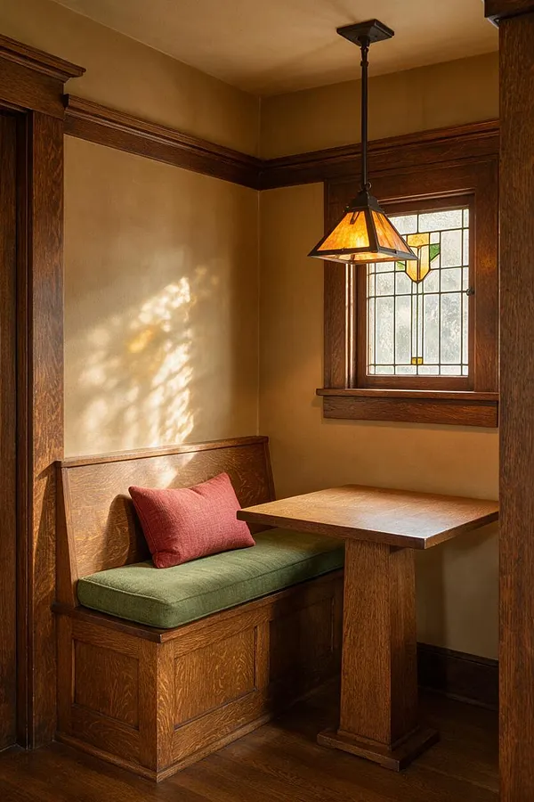A small Craftsman-style nook with rich wood trim, a built-in bench with a green cushion and rust-red pillow, and a simple wood table. A stained-glass window and amber pendant light cast a warm glow over the beige walls and dark wood floor.