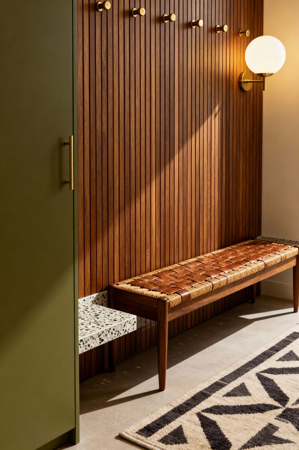 A Mid-Century Modern mudroom shows a vertical walnut slat wall with a row of small brass peg hooks and a brass wall sconce with a white globe shade. An olive green cabinet with a brass pull sits beside a walnut bench with tapered legs and a woven leather seat above a speckled terrazzo ledge, while a cream rug with bold black geometric pattern rests on a smooth concrete floor lit by warm natural light.