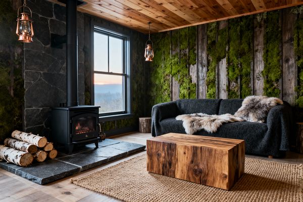 A cozy rustic living room features a black cast-iron wood stove on a slate hearth, flanked by stacked birch logs, with a sunset visible through a black-trimmed window. A weathered wood and preserved moss feature wall sits behind a charcoal sofa draped with sheepskin throws, facing a solid block wood coffee table atop a chunky jute rug, while copper lantern pendants and a pine plank ceiling warm the space.
