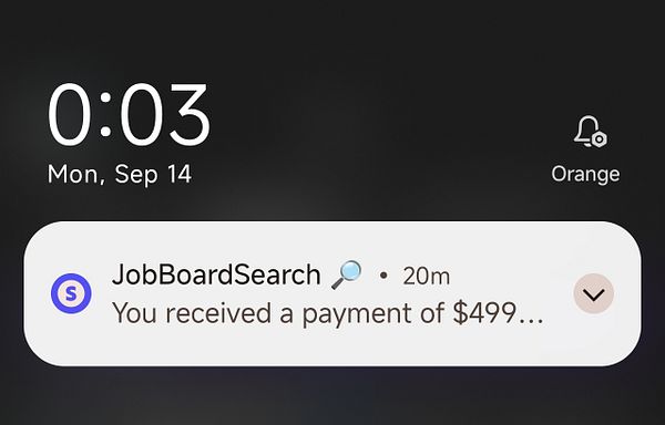 Mobile phone screen showing a text conversation about a late Sunday night ad subscription with a job board search hashtag.