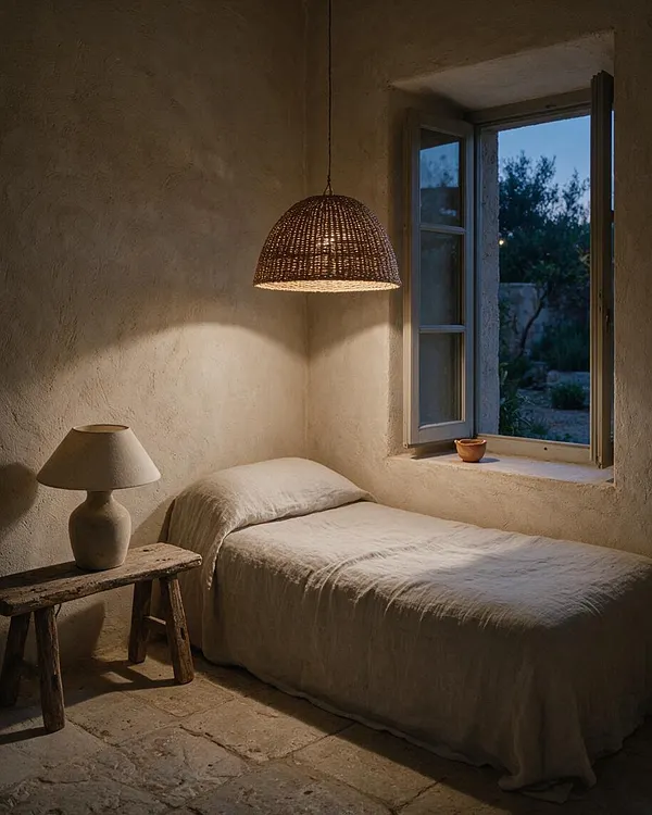 A small guest bedroom with a low bed dressed in beige linen sits beside an open window and a rustic wooden bench. A woven pendant light hangs overhead, and a ceramic table lamp adds a soft glow against textured plaster walls and stone flooring.