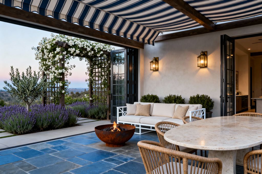 A transitional patio features a navy-and-white striped awning over blue-gray bluestone pavers. A rusted steel fire bowl sits beside an oval travertine table with woven rope chairs and a white metal-frame sofa with beige cushions. Black-framed folding glass doors and brass wall lanterns punctuate a smooth stucco wall. The garden shows lavender borders, an olive tree, and a wooden trellis draped with white climbing roses against a distant sunset view.