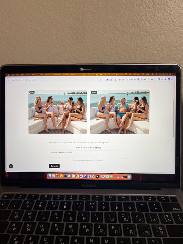 A laptop screen displays a web interface for editing images with a side-by-side comparison of two photos taken on a yacht.