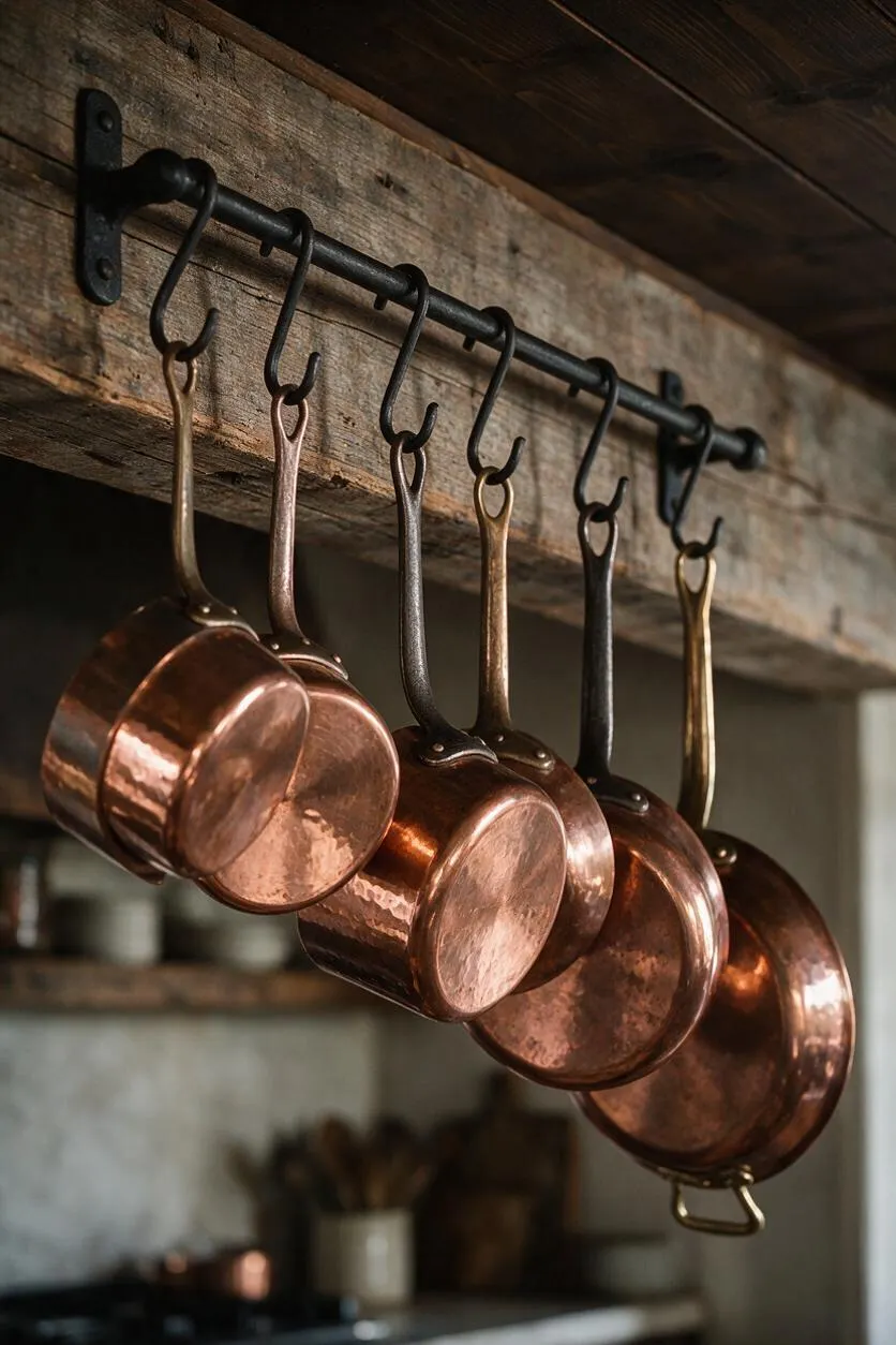 A row of copper pots and pans hangs from black metal hooks on a rough reclaimed wood beam in a rustic kitchen. The warm metallic cookware contrasts with the weathered timber and dark iron hardware, creating a cozy, handcrafted look.