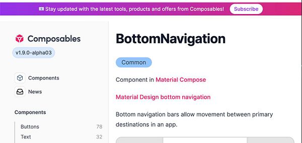 The image displays a webpage interface for a project called Composables, featuring a section on Bottom Navigation.
