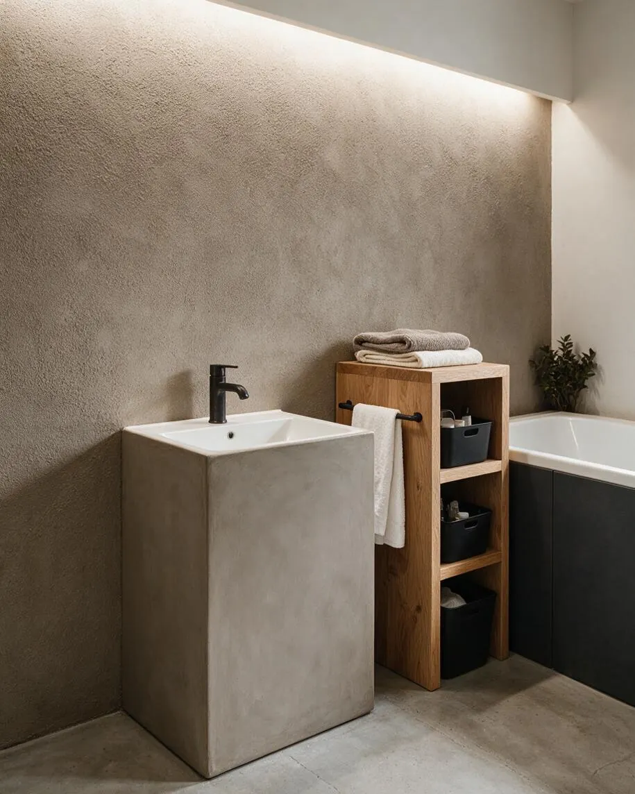 A minimalist brutalist bathroom with a textured concrete wall, a blocky concrete pedestal sink, a matte black faucet, and a light wood open shelving unit holding towels and baskets. A white bathtub with dark paneling sits to the right, and soft overhead lighting washes the wall.