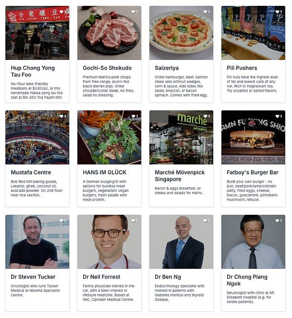 The image displays a grid of food listings and medical professionals associated with the Keto List Singapore.
