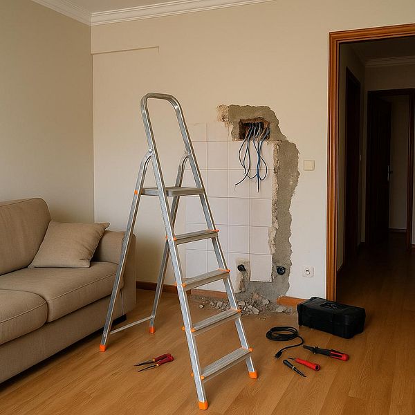An unfinished electrical installation in a living room with tools and a ladder present.