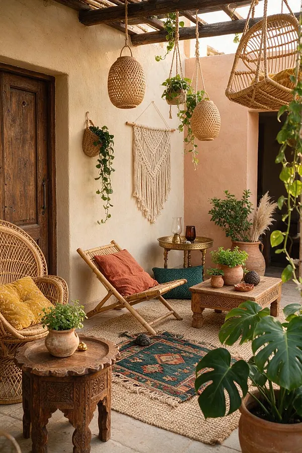 A cozy bohemian-style patio with plaster walls, dark wooden beams, wicker hanging chairs, woven lanterns, macrame wall decor, and abundant potted greenery. Low carved wood tables, a bamboo lounge chair, and layered rugs in earthy tones create a relaxed outdoor seating area.
