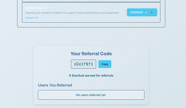 The image displays a user interface for a research station management system, highlighting referral information and upgrade options.