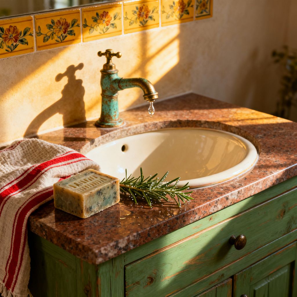 A close-up of a French Country bathroom vanity shows a rosy-brown granite counter with an ivory oval drop-in sink set in a distressed green painted cabinet. An aged copper faucet with verdigris patina stands before a backsplash of yellow tiles hand-painted with small flowers, framed by warm plaster walls. Sunlight highlights a red-striped linen towel, an artisanal soap bar, and a rosemary sprig near the sink.
