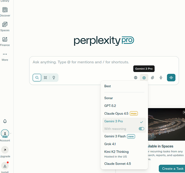The image displays the interface of the Perplexity Pro application with a focus on its search and task creation features.