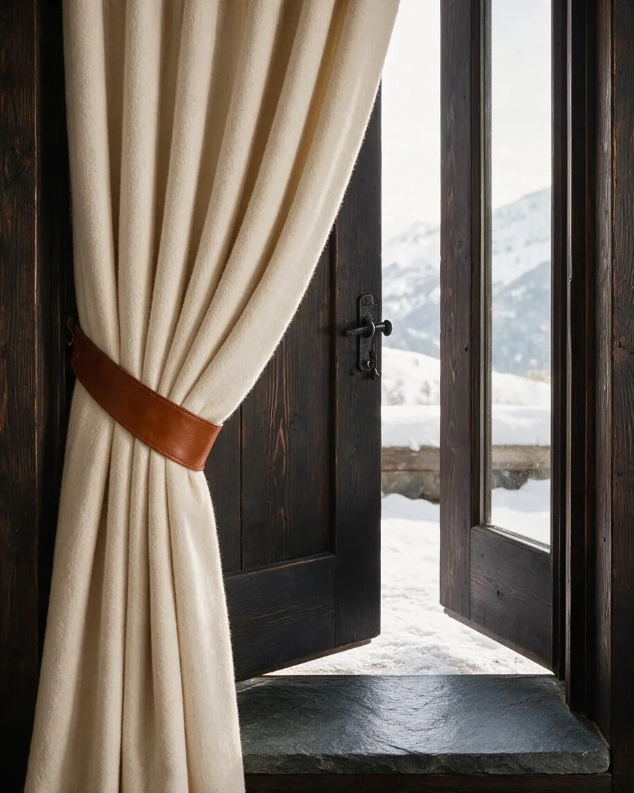 A rustic doorway with dark stained wood framing and a glass panel opens to a snowy mountain view. A heavy cream curtain is gathered with a tan leather tieback, and a rough stone threshold sits at the base of the opening.