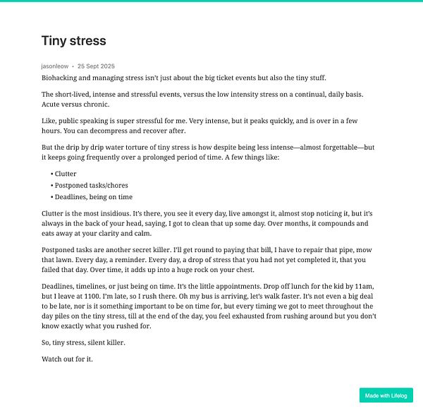 The image features a blog post discussing the concept of 'tiny stress' and its impact on daily life.
