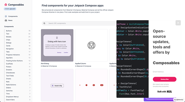 The image displays a user interface for a component library focused on Jetpack Compose, featuring various UI components and a code snippet.