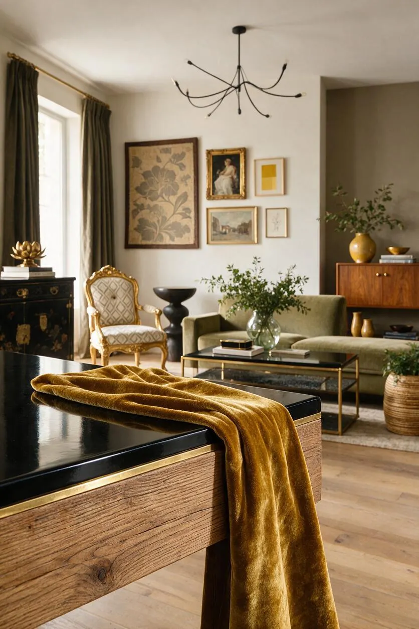 An eclectic living room with a black-and-wood coffee table in the foreground draped with a mustard velvet throw. The room includes an olive-green sofa, a gilded upholstered chair, layered framed artwork, dark curtains, a sculptural black chandelier, and warm wood furniture accents.