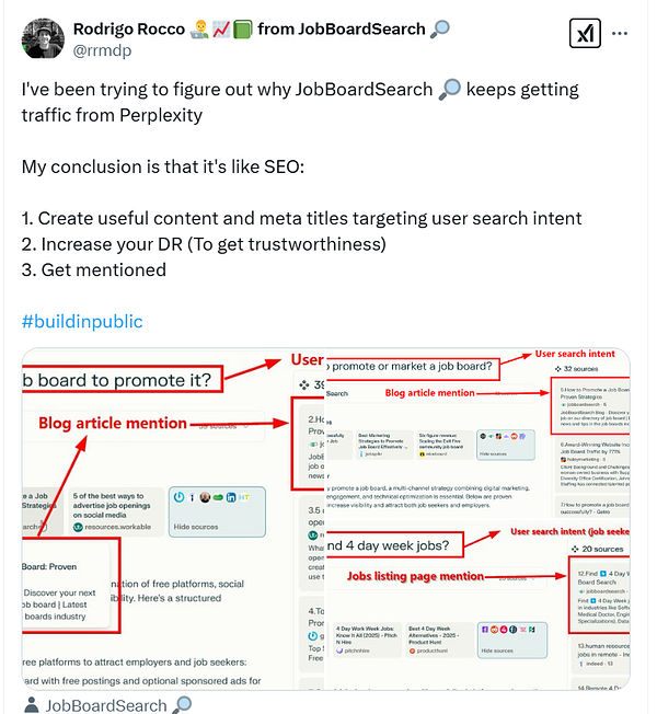 The image is a screenshot of a social media post discussing SEO strategies for JobBoardSearch and its traffic from Perplexity.