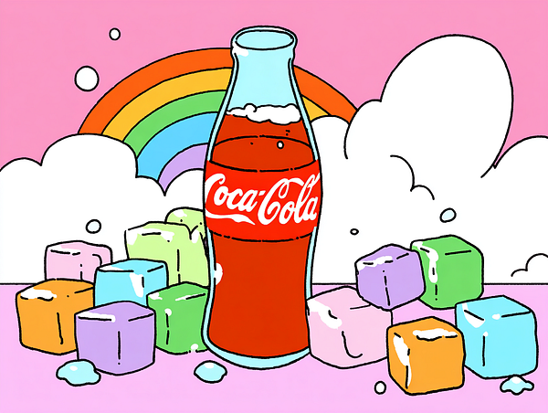 A colorful, cartoon-style illustration featuring a Coca-Cola bottle surrounded by ice cubes and a rainbow.