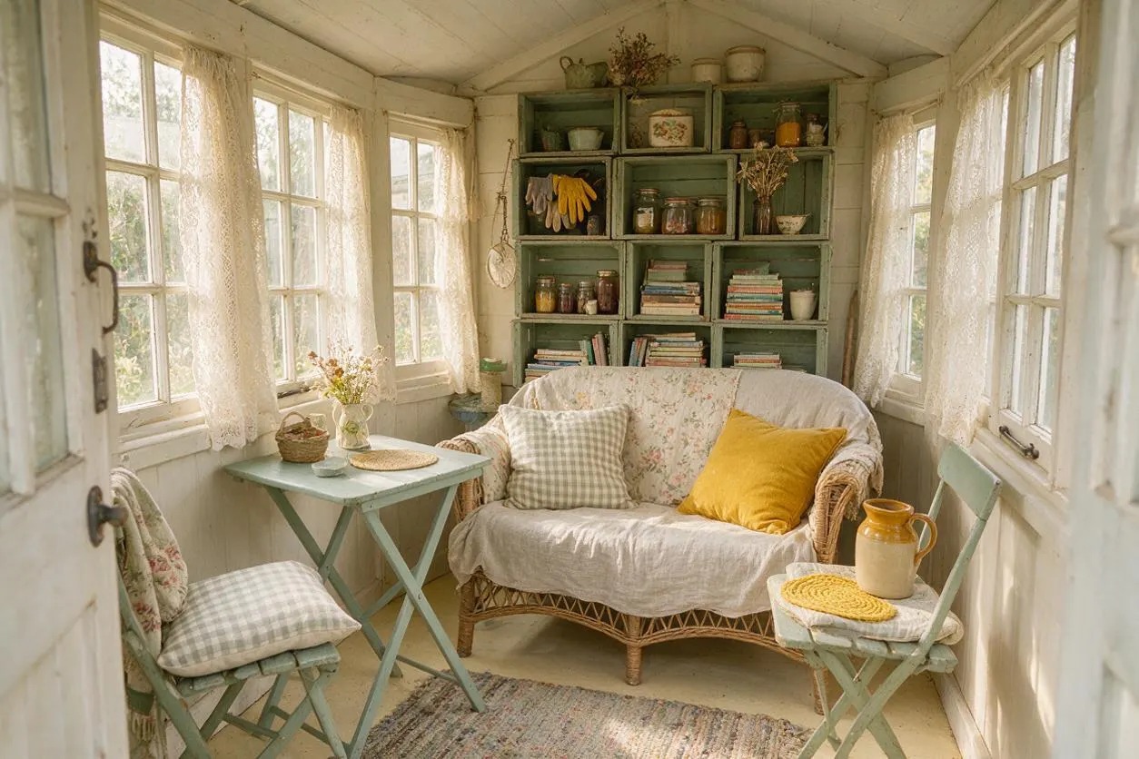 A small cottage-style front porch with white-painted wood walls and many windows dressed in lace curtains. Inside are a wicker loveseat with floral and gingham cushions, mint-green folding tables and chairs, a vintage green cubby shelf filled with jars and books, and soft sunlight creating a warm, rustic atmosphere.