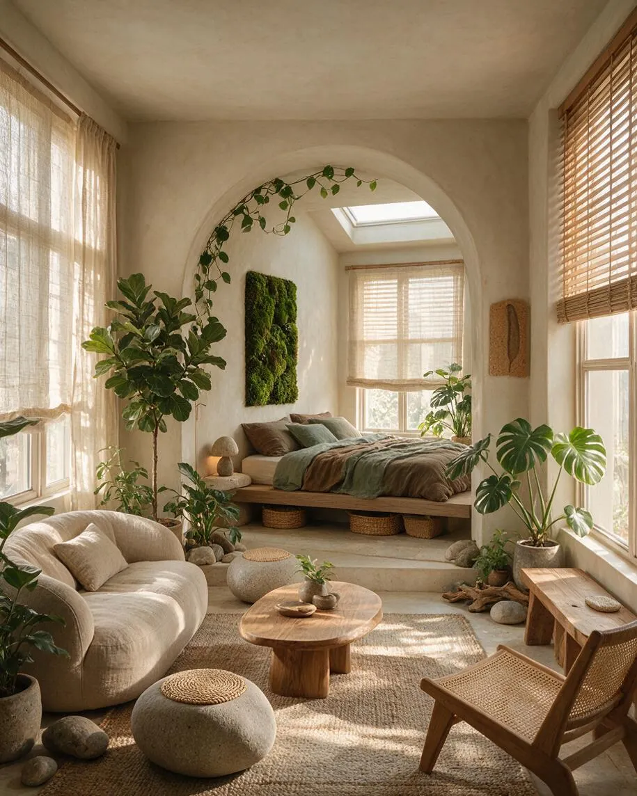 A warm studio apartment with a curved arch opening to a sleeping nook, surrounded by abundant green plants. The room features linen seating, a low wooden coffee table, woven textures, bamboo shades, and soft beige walls with natural daylight filling the space.