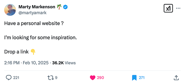 A tweet from Marty Markenson asking for personal website inspirations.