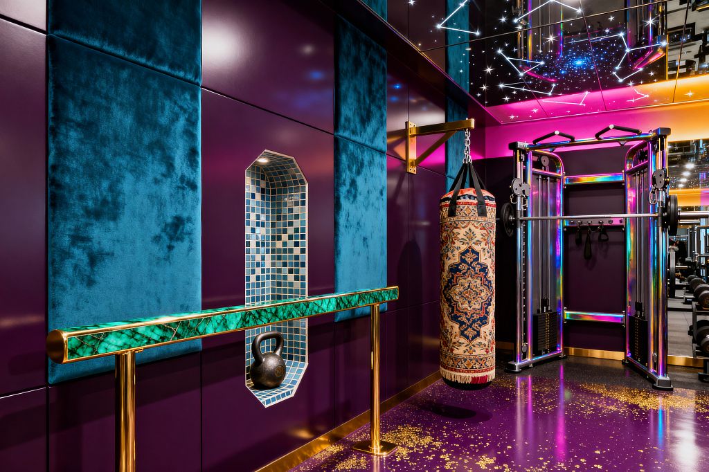 A jewel-toned home gym features glossy plum walls with large teal velvet panels and an arched blue mosaic tile niche displaying a kettlebell. A malachite-pattern barre on polished brass posts faces a textile-wrapped punching bag and an iridescent chrome cable machine. Overhead, a mirrored ceiling with constellation-style LEDs and magenta-to-amber lighting reflects a purple epoxy floor sprinkled with gold flecks.