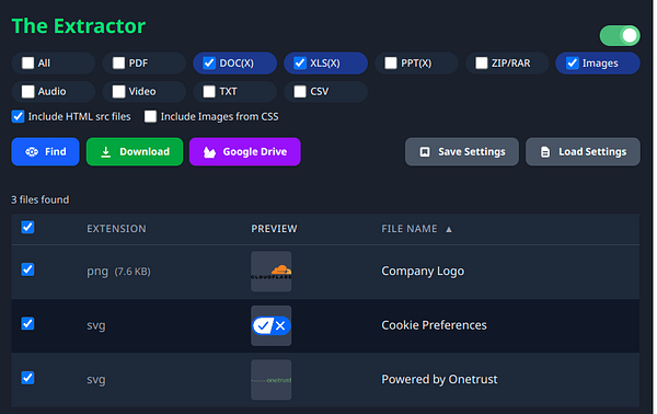The interface of a file extraction tool displaying various file types and options.