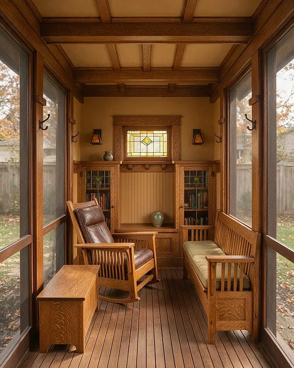 A narrow Craftsman-style backyard porch with rich wood framing, a slatted ceiling, and screened side walls. Inside are a leather rocking chair, a wooden bench with a green cushion, built-in bookcases, a small table, and a stained glass window that adds a warm decorative focal point.