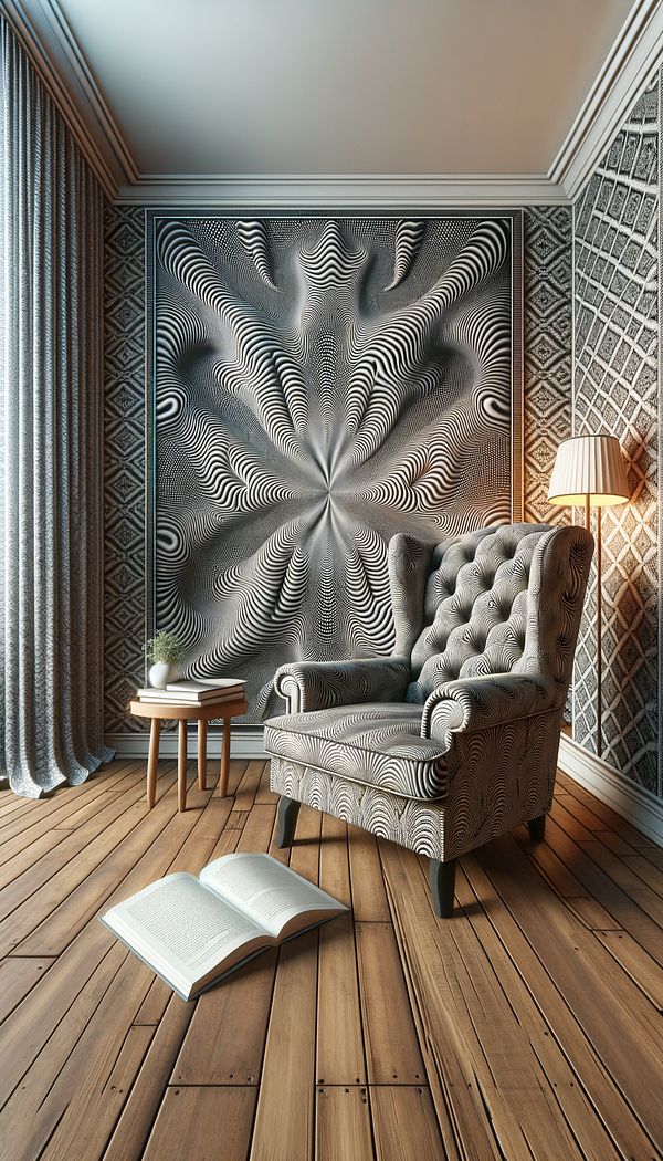 A cozy reading nook featuring a statement armchair upholstered in moiré fabric, with a moiré-patterned wallpaper in the background.