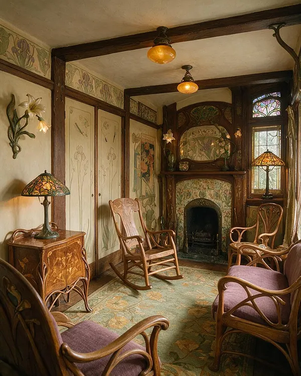 An Art Nouveau living room with carved wooden rocking chairs and upholstered armchairs arranged around a decorative fireplace. The room features floral wall murals, a stained-glass window and lamp, warm amber lighting, and rich dark wood trim throughout.