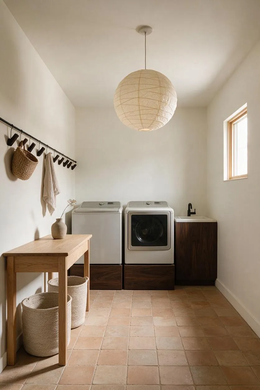 A serene laundry room in Japandi style with a white washer and front-loading dryer set against a plain white wall. The room includes a wood side table, woven baskets, a hanging paper pendant light, a small sink cabinet in dark wood, and a narrow window bringing in natural light.
